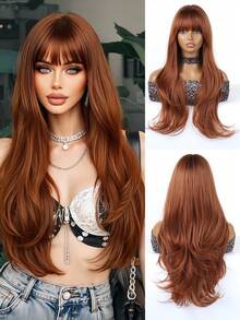 26 Inch Red Brown Copper Ginger Long Curly Wigs For Women, Gorgeous Fluffy Wigs Hair With Bangs Synthetic Wigs For Party Daily Use Halloween - 臟橘色 - 查看 2