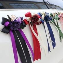 2pcs Wedding Celebration Flower Car Rearview Mirror Decor, Handle Bow Decor, Retro Luxury Wedding Chair Back Flower Arrangement, Vehicle Decor