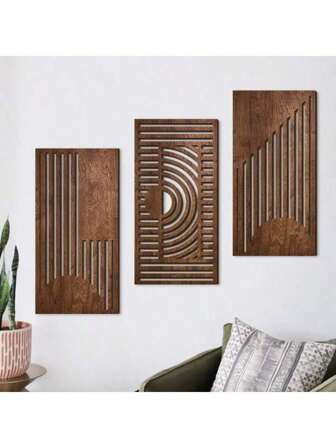 3 Pieces Of Simple Geometric Wood Art Wall Decorations, Bohemian Style Hollow Board Wooden Pendants, Hollow Wall Art Decoration, Farmhouse Living Room And Bedroom Home Decoration, Rural Pastoral Style Hangings, Hotel Porch Decoration Crafts Room Decor Bedroom Decor