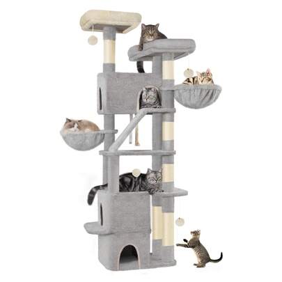 HEXCELEN 185 Cm Cat Tree, Large Cat Tower For Indoor Cats, Cats House Furniture With 2 Platforms, 3 Condos, 6 Scratching Posts, 2 Baskets, Pompoms, Washable Cushion