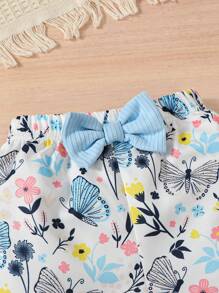 Set de 2 bucăți pentru fetițe, bluză drăguț fără mâneci, cu fundă 3D și set de pantaloni scurți imprimați cu fluturi