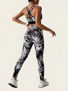 2pcs Women Yoga Fitness Sports Set High Waist Sports Pants And Sports Tight Crop Top Activewear Gym Workout Clothes (No Padding)