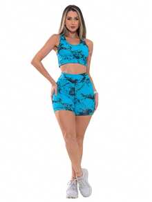 Women's Set Gradient Marble Striped Shorts + Top - Màu xanh lam - Xem 2