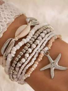 7 peças/Conjunto Pulseiras Femininas de Conchas e Estrelas-do-Mar com Contas, Acessórios de Praia e Diários