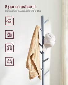 Attaccapanni da Terra, Appendiabiti in Legno a Forma di Albero, 8 Ganci, 3 Altezze, per Vestiti Cappelli Borse, Ingresso Camera da Letto Ufficio, Grigio
