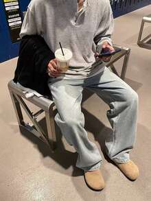 1pc Casual Fashion Light Blue Relaxed Fit Straight Leg Washed Denim Jeans, Suitable For Spring/Summer/Autumn/Winter