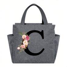 1pc Elegant Floral & Letter Tote Bag - Insulated Lunch Bag, Made Of Durable Polyester, Grey With Pink Flowers & Green Leaves, Suitable For Office, School And Outdoor Picnic