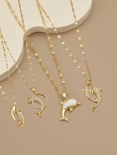 1 件可爱水钻镶嵌不锈钢海豚和海洋生物项链，精美沙滩装珠宝，海洋主题系列