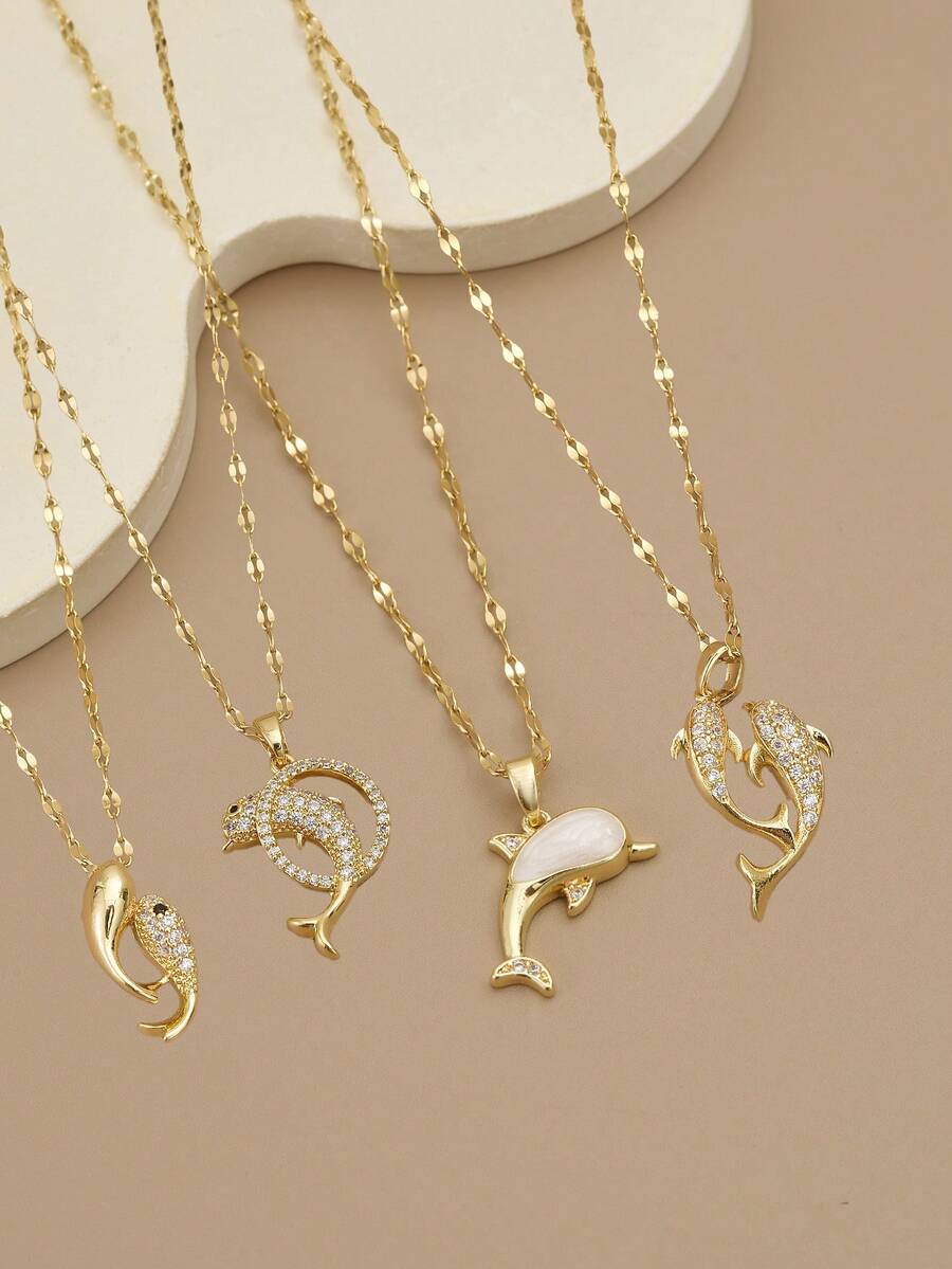 1 件可爱水钻镶嵌不锈钢海豚和海洋生物项链，精美沙滩装珠宝，海洋主题系列 - 金黃色 - 查看 1