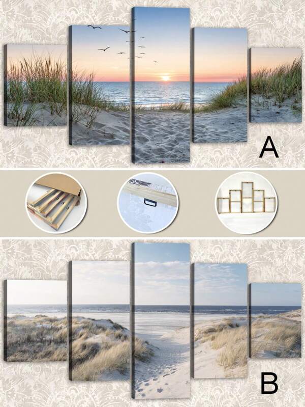 1/5pcs,Beach Landscape Canvas Posters,Wall Art With Frame,Sunrise Seascape Print,Coastal Summer Canvas Art Decor,Sea View Large Art Housewarming Gift,For Living Room, Bedroom, Office, Bathroom, Dining Room - Ready To Hang