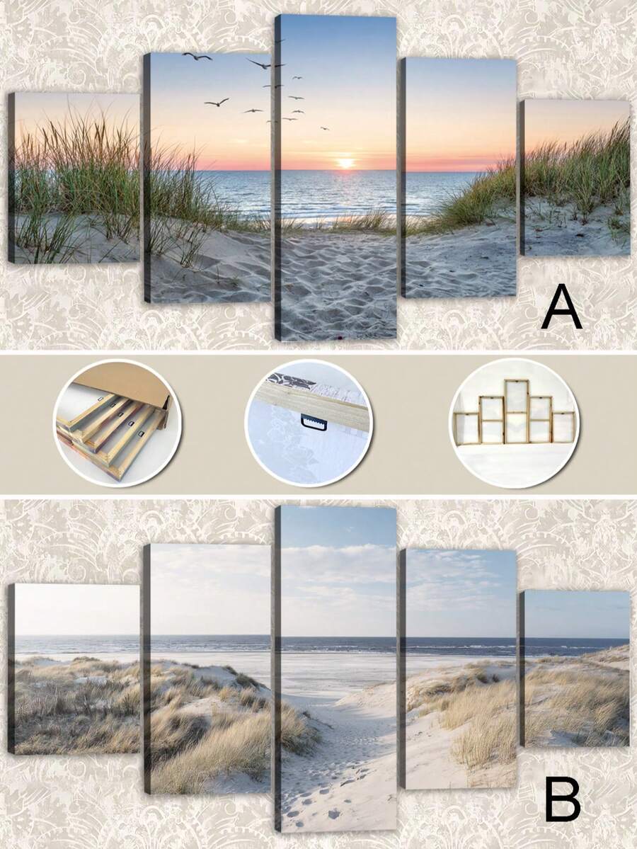 1/5 幅夏季海滩风景帆布海报，带框墙饰，日出海景画，海岸夏季帆布艺术装饰画，适合作为乔迁礼物，可用于客厅、卧室、办公室、浴室、餐厅 - 可直接悬挂