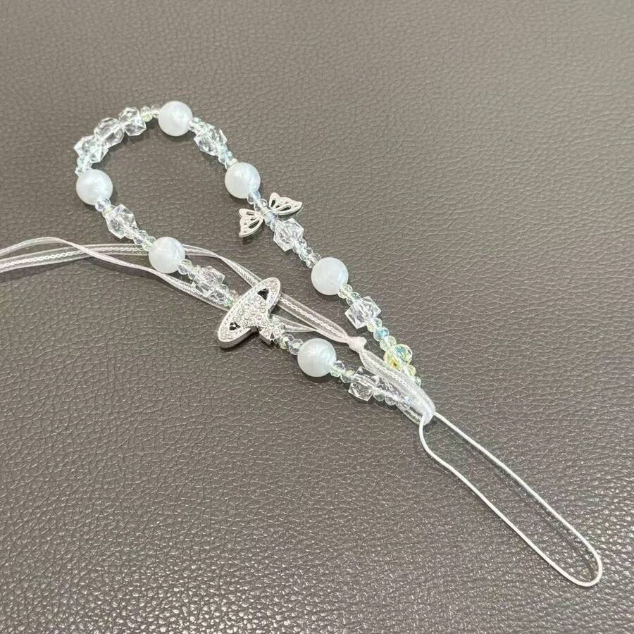Cordão curto com laço e pérolas estilo INS, acessórios para corrente de celular, bolsa/câmera