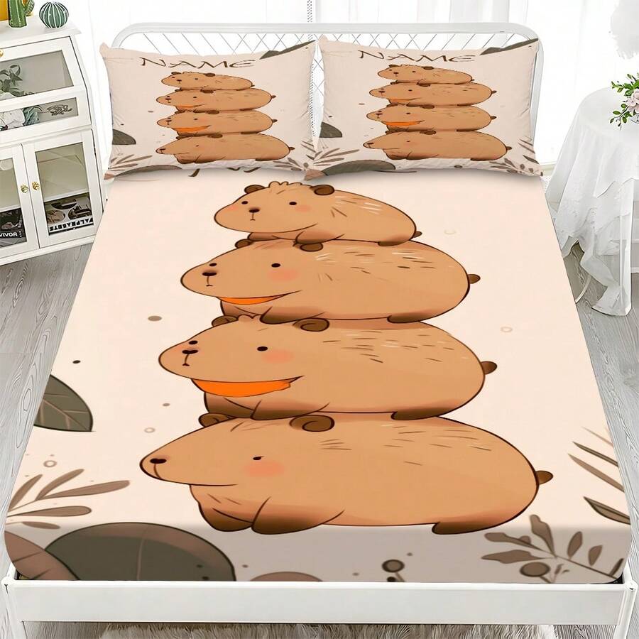 3-częściowy zestaw prześcieradeł z nadrukiem Capybara, ochraniacz na materac (1 narzuta + 2 poszewki na poduszki, poszewki na poduszki nie są dołączone), można dostosować do swojego imienia, miękki i wygodny zestaw pościeli, odpowiedni do sypialni rodzinnych, pokoi gościnnych, odpowiedni na wszystkie pory roku, spersonalizowana dekoracja domu - Wielokolorowe - Zobacz 1