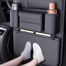Leather Car Seat Organizer - Luxury Backseat Storage Bag With Multiple Pockets For Office Essentials Large Capacity Backseat Storage With Insulated Cup Holders & Toy Pockets - 黑色 - 查看 3