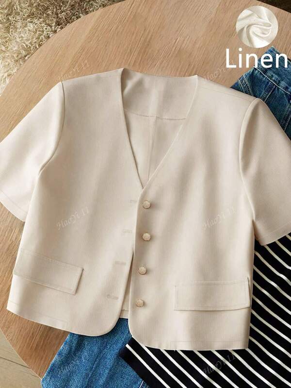 Women's Casual Linen V-Neck Loose Short Sleeve Blazer, Suitable For Spring/Summer And Travel