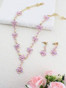 Conjunto de collar y aretes de joyería con flores de margarita moradas, adecuado para mujeres en primavera y verano
