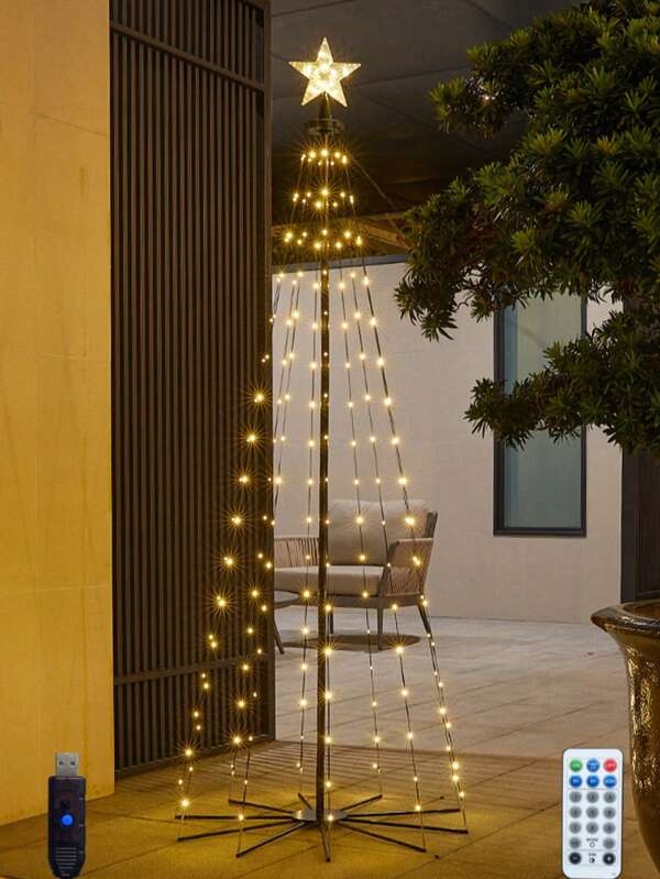 6ft Multi-Color LED Christmas Tree Lights With Star Topper - Vibrant Outdoor And Indoor Decor For Yard, Patio, Garden And Home, 8 Modes Selectable, USB Powered Plug And Play, Eye-Catching Design, Holiday Garden Lighting | Star Topper Tree | Durable Metal Structure, Christmas Tree Decorative Lights