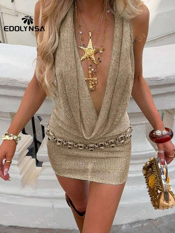 Mini rochie de plajă tricotată de culoare solidă, sexy, cu decolteu în V, fără mâneci, fără spate, 2025, costum de baie de vară pentru femei, ținută de petrecere.