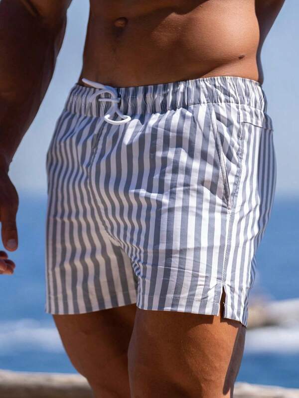 Herren Sommer Lässig gestreifte Shorts mit Kordelzug Taille und Seitenschlitz