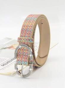 1pc Women's Diamond-Encrusted Metal Colorblock Boho Vintage PU Leather Belt, Suitable To Match Denim Jeans And Dresses