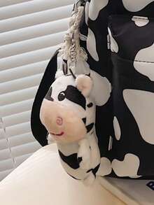 1pc Classic Basic Large Capacity Backpack For Back To School, With Laptop Compartment, Fashionable Multipurpose Backpack, All-Over Cow Print Pattern, High-Quality Nylon Material, Adjustable Shoulder Straps - Black and White - View 13