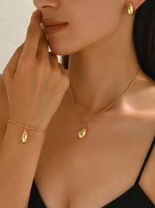 4pcs/Set Women's Minimalist Metal Teardrop Necklace, Earrings, Bracelet Set, Versatile For Everyday/Work Wear