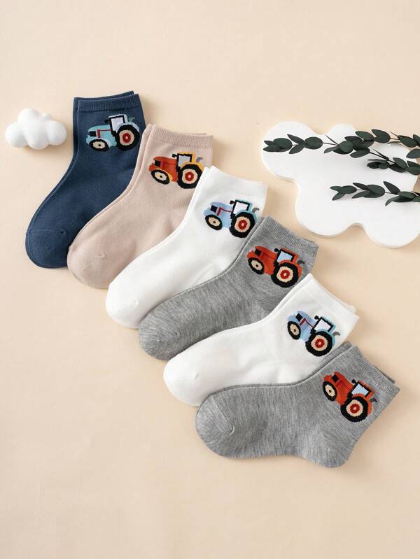 6 Pairs Cute Cartoon Patterned Socks, Featuring Colorful Construction Vehicles & Tractors, Comfortable Breathable Durable Quality Socks, Suitable For All Seasons, European Sizes, Versatile For Everyday Wear