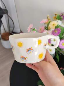 1pc Handpainted Heart, Bow, Sun, Rainbow, Star Ceramic Mug, Instagrammable French Latte Cup, Cute Girl Style Beverage Cup, Tea/Coffee/Water Cup, Practical & Stylish Gift, Suitable For Cafe, Dessert Shop, Restaurant, Living Room, Party, Gift Giving