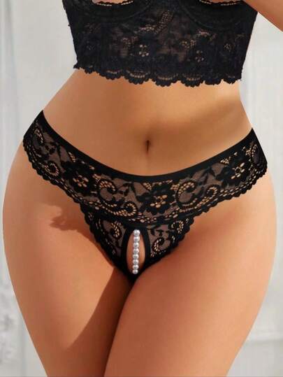 Tanga de mujer negro sexy y semitransparente de encaje con abertura en la entrepierna, lencería con cadena de perlas de imitación para salir