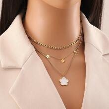 1pc Fashionable Multi-Layer Necklace, White Shell Flower Pendant Stainless Steel Chain, Suitable For Women'sCasual Daily Wear
