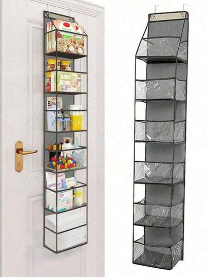 1 件 6 隔层可折叠挂袋，用于存放零食、玩具、衣物，灰色，带 2 个挂钩，可用于悬挂在厨房/浴室的墙壁/橱柜/门上、后门储物挂袋、壁挂式织物储物袋、宿舍整理小工具以及家用壁挂式储物解决方案。