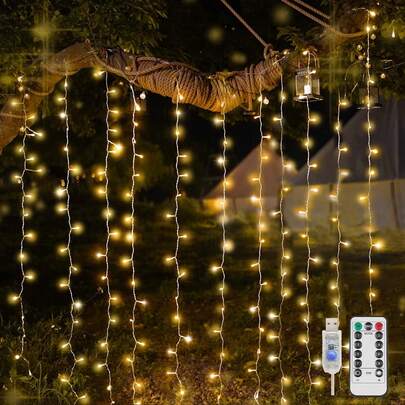 1pc Window Curtain Lamp, 300LED Fairy Curtain Lights With Remote Control, 8 Modes Curtain String Lights, Waterproof, USB Plug, Bedroom Window Christmas Party Copper Wire Lights, Home Decorations, For Party Wedding Christmas Indoor Outdoor Halloween,Fall Autumn,Christmas