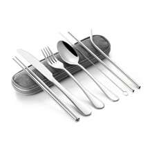Edelstahl-Geschirr-Set, tragbares Strohhalm-Essstäbchen-Löffel-Gabel-Set mit Aufbewahrungstasche, Geschirr-Set