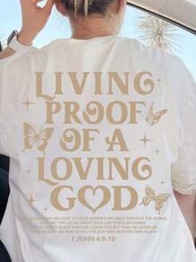 Summer Christian T-Shirt With Bible Verse Print, "Living Proof Of A Loving God, I John 4:9-10", Casual Loose Drop Shoulder Short Sleeve Tee, Suitable For Summer Vacation And Believers