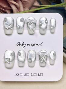 10PCS White Press On Nails Short Coffin Nails, Summer Nails, French Nail Supplies, Cat Eye, Bow Short Nails Home DIY Nail Design Full Coverage Fake Nail Tips Artifical Fingernails For Women And Girls Manicure Supplies Office Daily Wear False Nails, Purely Hand-Wear Nails, Handmade Press On Nails