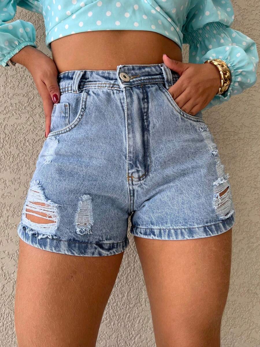 The Lemon 9044# Women's Denim Shorts Natural Youth Denim Shorts Women's Shorts - 中等水洗藍 - 查看 1