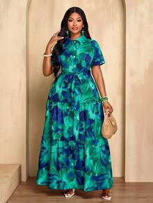 BIUBIU 大码女式休闲度假优雅性感约会短袖衬衫领开襟热带印花多层长裙（图案随机）夏季 - 綠色 - 查看 1