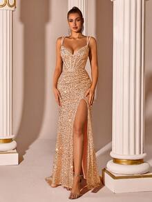 ADYCE 女士吊带深V领前开衩露背系带正式长裙，适合派对、盛会、正式晚宴、婚礼宾客、毕业典礼等场合，优雅正式，亦可作为圣诞派对礼服或感恩节服装。 - 香檳色 - 查看 6