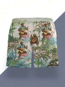 Shorts d'été pour hommes avec motif imprimé, taille à cordon de serrage, poches latérales, séchage rapide à double couche et doublure en maille. Motif flamant rose et palmier 3D, décontractée pour la plage, les vacances et les loisirs - Multicolore - Voir 4
