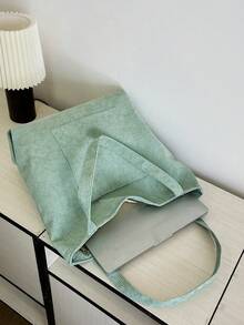 Tas Tote Bahu Pria Warna Polos, Tas Belanja Serbaguna, Tas Kanvas Bergaris Kapasitas Besar, Tas Sekolah - Mint Green - View 3