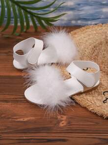 1 Pair Fashion Fur Decor Girls Casual Flat Sandals, Suitable For 3-15 Years Old Kids To Wear Indoors, Outdoors, Vacation, Beach, Parties - White - View 6