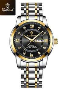 Reloj de lujo BINBOND para hombre, elegante, con fecha y día, resistente al agua, luminoso, reloj de cuarzo de acero inoxidable para deportes de hombres - Negro - Ver 6