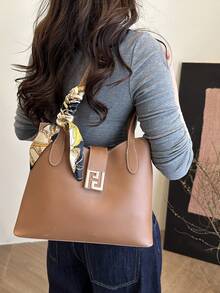 1pc PU Shoulder Bag With Scarf Decor, Large Capacity, Lightweight And Versatile, Suitable For Commuting - Brown - View 6
