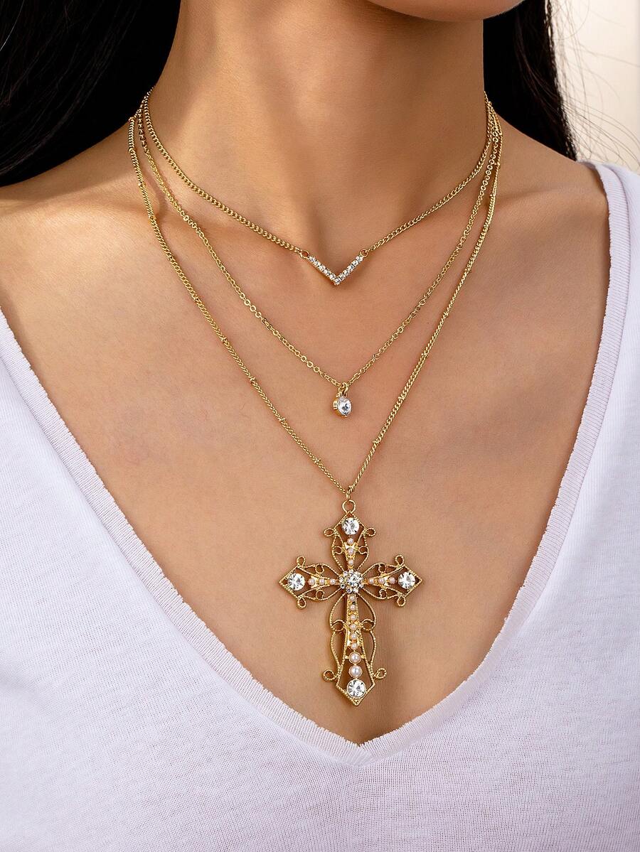 3件套十字架项链套装，女士叠戴链项链，圣母玛利亚十字架吊坠项链，精致链水晶项链套装 - 金色 - 查看 1