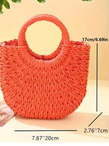1个草编包，带人造花装饰，半月形女童手提包，编织斜挎小包，沙滩包 - 彩色 - 查看 6