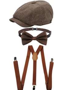 D EXCEED 3/4 pièces Accessoires pour hommes des années 1920 : Chapeau Fedora style gangster, bretelles Y-Back et nœud papillon pré-noué. Ensemble pour hommes des Années folles : Casquette Newsboy Ivy pour une fête sur le thème de Gatsby le Magnifique