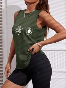Women's Casual Versatile Turtle Print Sleeveless Tank Top, Military Green