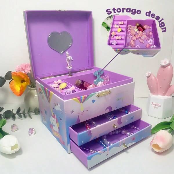 صندوق مجوهرات وموسيقي بنمط وحيد القرن ملون، صندوق مجوهرات 3 طبقات لعرض مجوهرات الأميرة، باللون البنفسجي، هدية عيد ميلاد، هدية تخرج، تشريفة حفل زفاف، صندوق موسيقي جمع