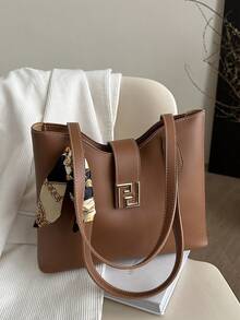 1pc PU Shoulder Bag With Scarf Decor, Large Capacity, Lightweight And Versatile, Suitable For Commuting - Brown - View 3