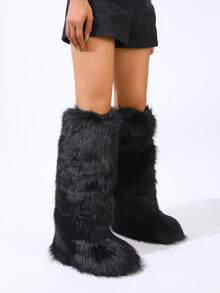 Women's Faux Fur Boot Furry Fluffy Round Toe Suede Winter Comfy Plush Warm Short Outdoor Indoor Flat Shoes Knee-High Boots - Black - View 5